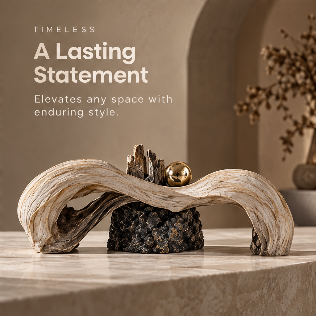 Full view of sweeping wave sculpture with pale flowing curves, dark central textures and gold-tone sphere, without text