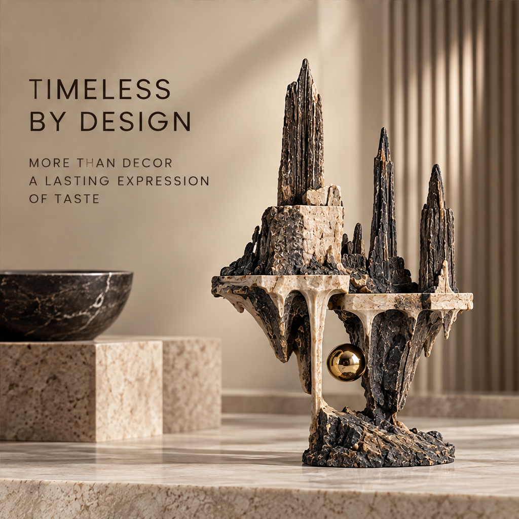 Full view of tiered spires sculpture with cream-toned arches and gold-tone orb, without text