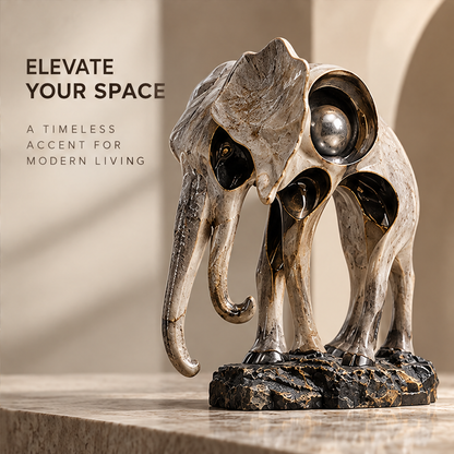 Elephant-inspired sculpture with long descending trunk, broad ears and cream-toned contours