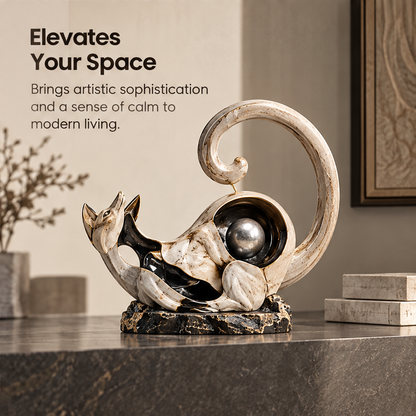 Full view of curled-tail fox-inspired sculpture with inset silver-tone sphere, without text