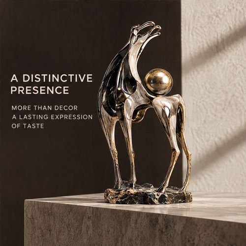 Abstract horse sculpture with elongated neck and slender legs on a dark patterned base