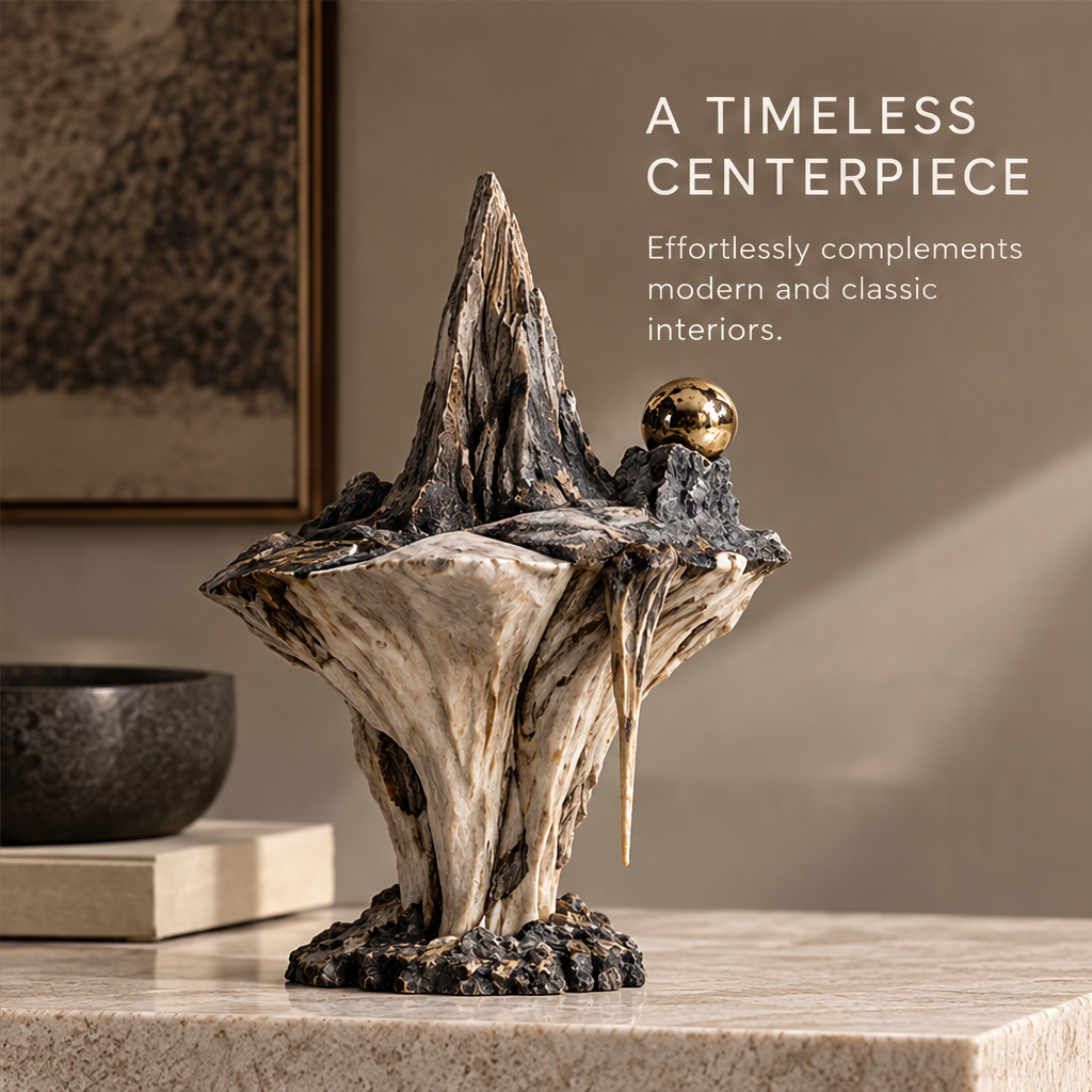 Mountain-inspired sculpture styled on a console beside books and a dark bowl