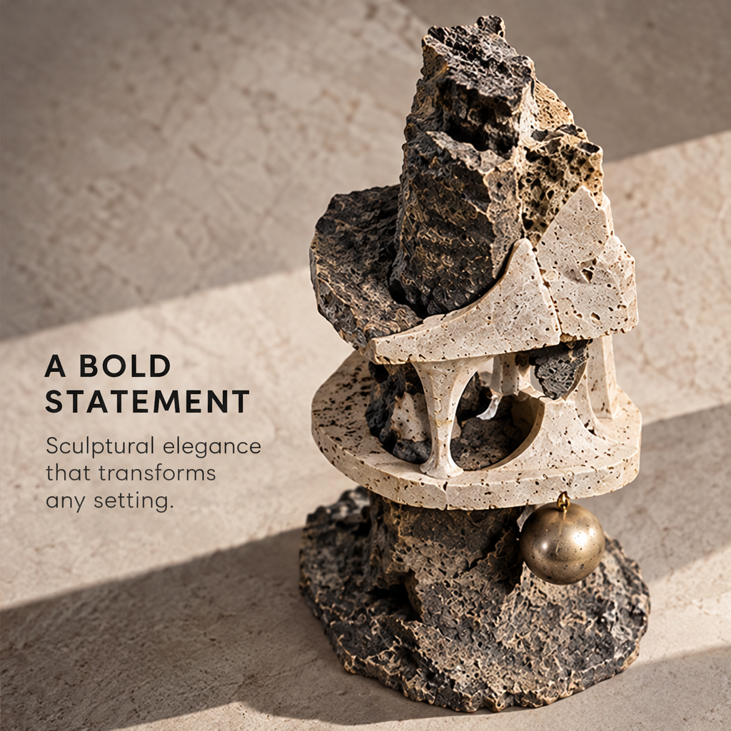 Close-up of hanging bronze-tone orb beneath a pitted cream-toned ledge