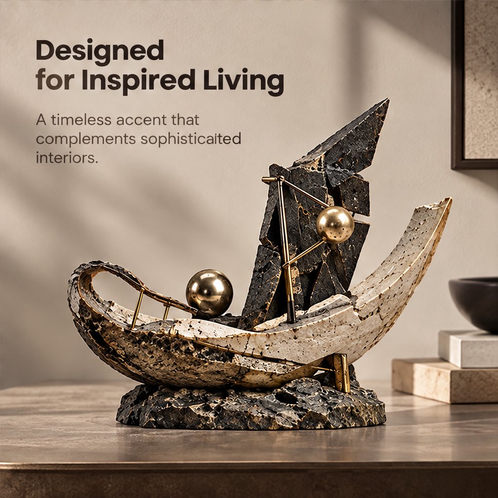 Side view of sailboat-inspired sculpture showing upswept hull and angular dark sail